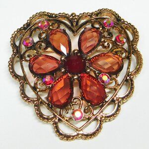 Gold Tone Heart Brooch with Floral Design